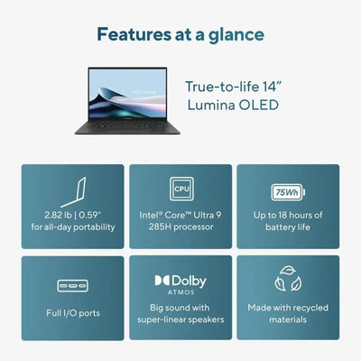 ASUS ZENBOOK UX3405CA-U9321TB (CORE ULTRA 9 285H, 1TB NVME/32GB DDR5 ON BOARD, 14" FHD+ OLED TOUCHSCREEN, INTEL ARC, WIN 11 / JASPER GRAY)