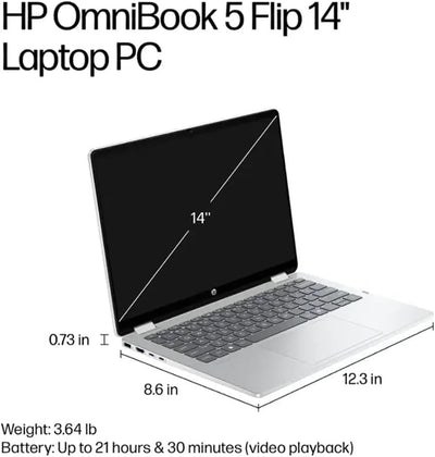 HP OMNIBOOK 5 FLIP 14-FP0023DX (CORE 7 150U, 512GB NVME/16GB DDR5 ON BOARD, 14"2K X360 TOUCHSCREEN, INTEL, WIN 11 / GLACIER SILVER)