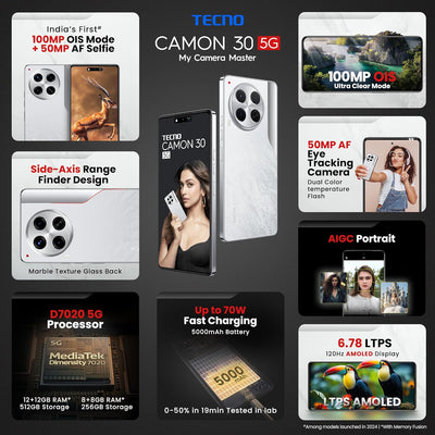Tecno Camon 30 5G 12GB/512GB (100MP OIS Camera, 50MP Auto Focus Selfie, 6.78-inch AMOLED Display, Dimensity 7020, 5000mAh and 33W Charger)