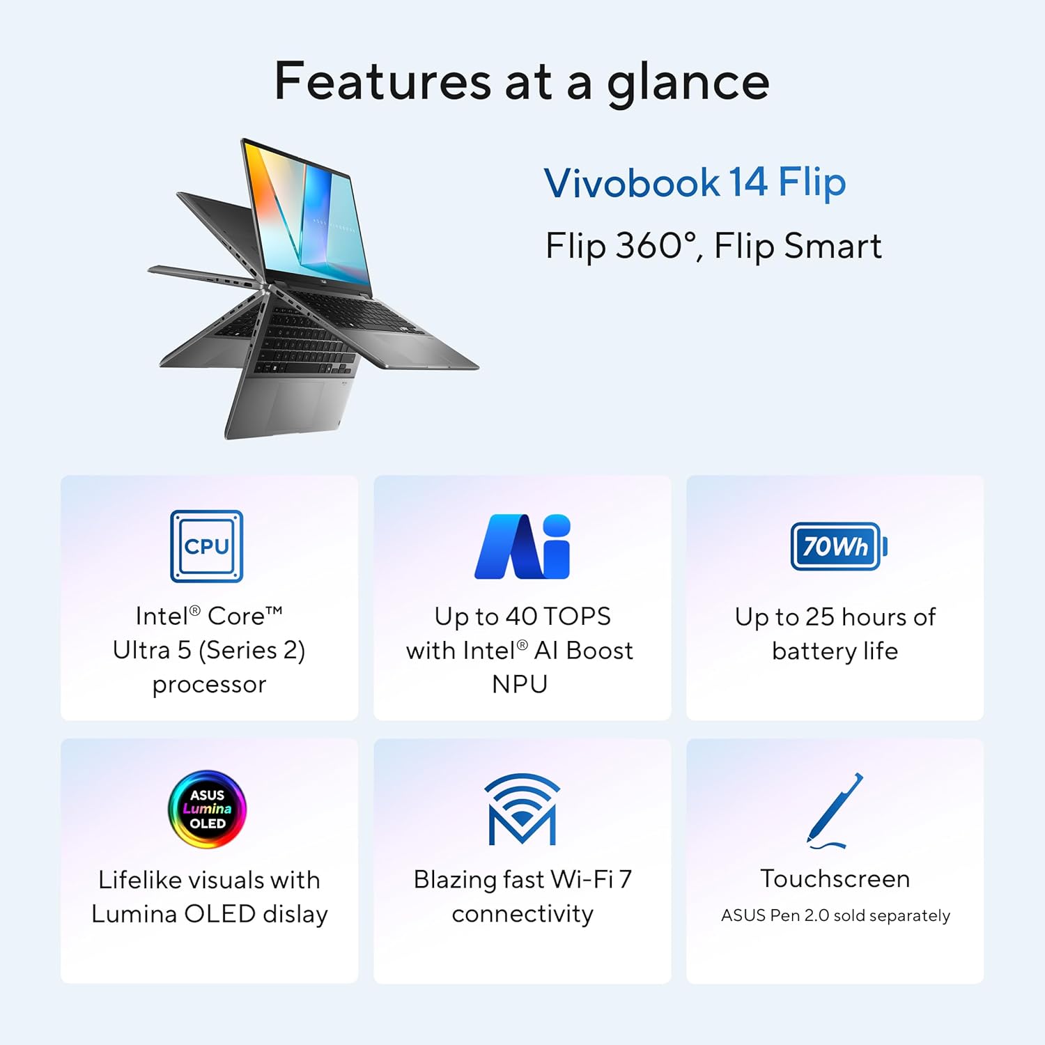 ASUS VIVOBOOK FLIP TP3407SA-DS74T COPILOT + PC (CORE ULTRA 7 256V, 1TB NVME/16GB DDR5 ON BOARD, 14" FHD OLED X360 TOUCHSCREEN, INTEL ARC, WIN 11)