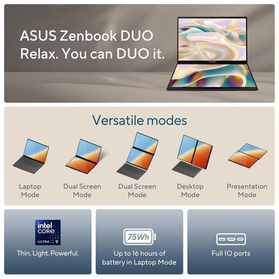 ASUS ZENBOOK DUO UX8406CA-PZ005W (CORE ULTRA 9 285H, 2TB NVME/32GB DDR5 ON BOARD, 14" 3K (2880x1800) 120HZ TOUCHSCREEN DUAL SCREEN, INTEL, WIN 11 / BASALT GRAY / BACKPACK / SLEEVE / STYLUS)