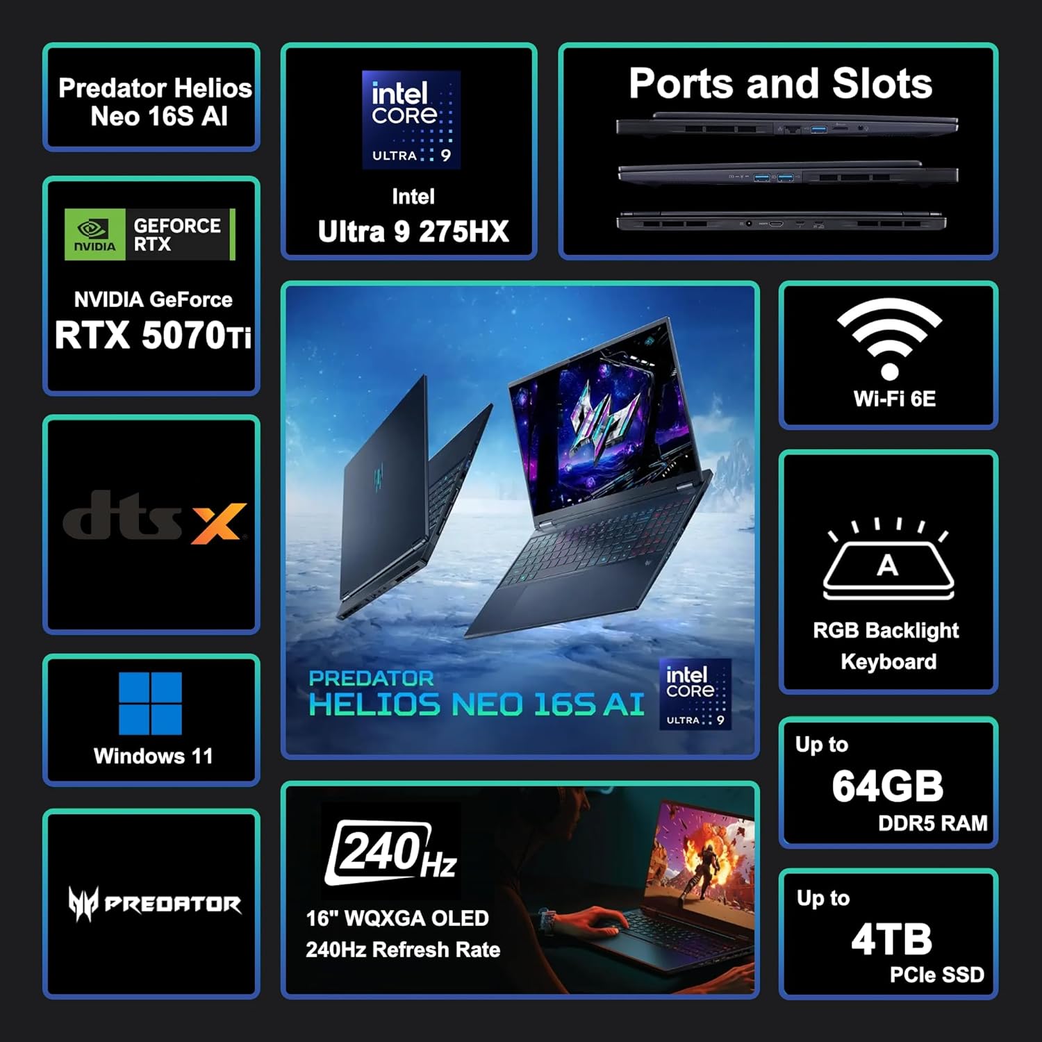 Acer Predator Helio Neo 16S AI PHN16S-71-98RF (Intel Core Ultra 9 275HX, 32GB/1TB, 16-inch OLED 240Hz, RTX5070Ti, WIN11)