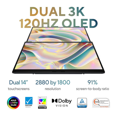 ASUS ZENBOOK DUO UX8406CA-PZ005W (CORE ULTRA 9 285H, 2TB NVME/32GB DDR5 ON BOARD, 14" 3K (2880x1800) 120HZ TOUCHSCREEN DUAL SCREEN, INTEL, WIN 11 / BASALT GRAY / BACKPACK / SLEEVE / STYLUS)