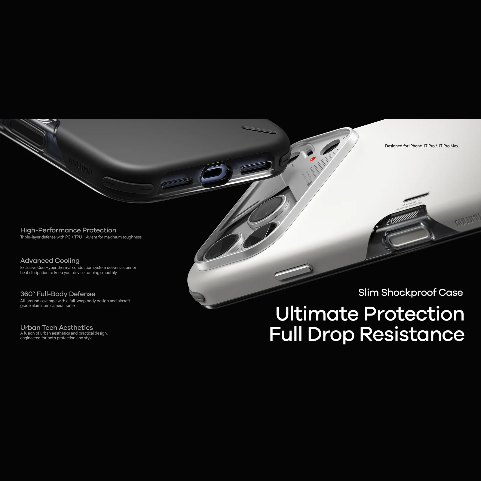 AULUMU Slim Shockproof Case for Apple iPhone 17 Pro - Black (Cooling Tech, Color Changing Sensor, Shock Absorption)