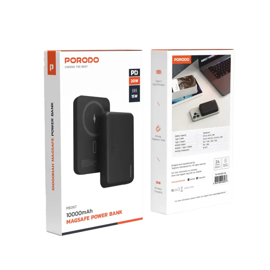 Porodo 10,000mAh Magsafe Power Bank (15W Wireless Charging, Strong Magnetic Hold, Type-C Input/Output)