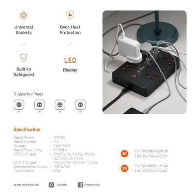 Porodo 6 AC 2 USB-A 24W & 4 USB-C PD 36W Multi-Port Super Hub (3M)