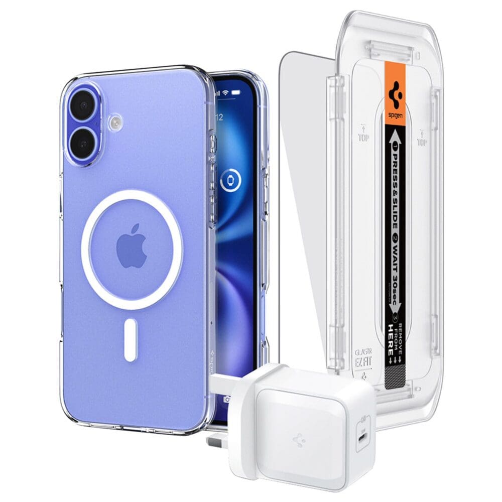 Spigen 3-in-1 Bundle Pack | Wall Charger, Case & Screen Protector For Apple iPhone 16 / 16 Plus / 16 Pro / 16 Pro Max