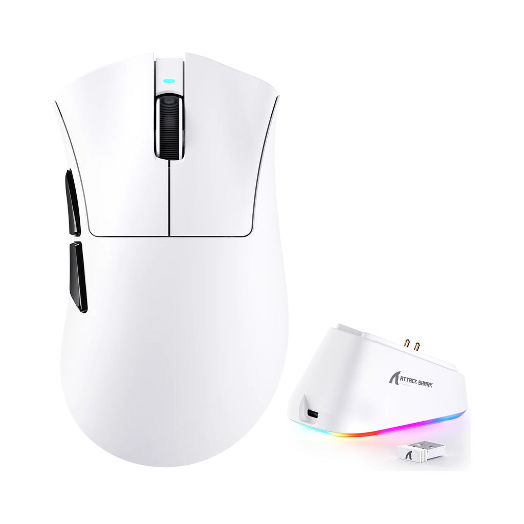 Attack Shark V3 Pro Tri-Mode Wireless Gaming Mouse with Charging Dock - White