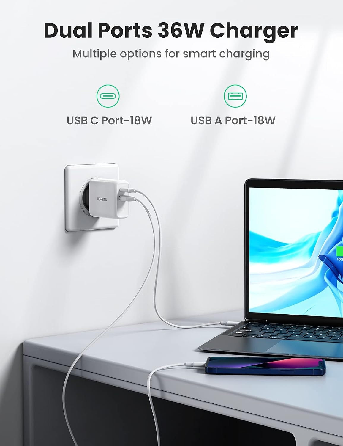 UGREEN 38W Dual-Port USB-A + USB-C Fast Wall Charger (60468) in Lebanon - OutGeeked