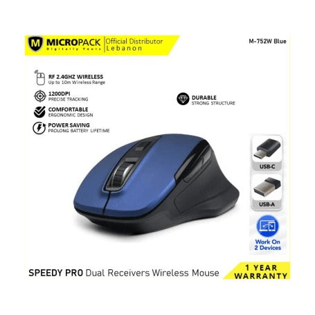 Micropack Speedy Pro Dual-Receiver Wireless Mouse USB-A + USB-C (M-752W) in Lebanon - OutGeeked