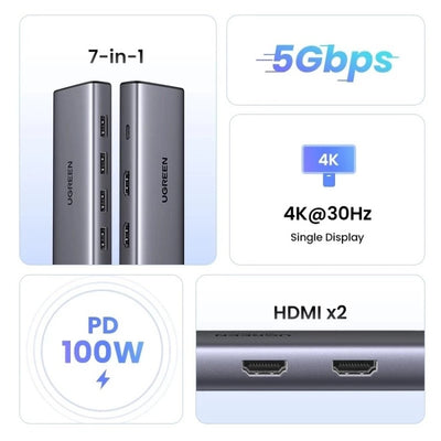 UGREEN 7-in-1 Dual Display USB-C Hub with 4K HDMI & 100W PD (45379) in Lebanon - OutGeeked