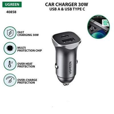 UGREEN Dual Port Fast Car Charger PD 30W + SCP 22.5W USB-C & USB-A (40858) in Lebanon - OutGeeked