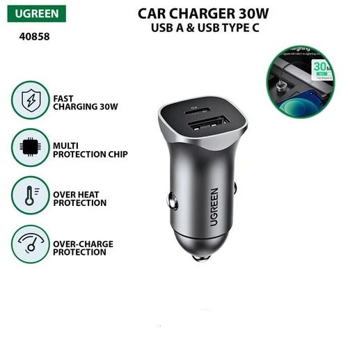 UGREEN Dual Port Fast Car Charger PD 30W + SCP 22.5W USB-C & USB-A (40858) in Lebanon - OutGeeked