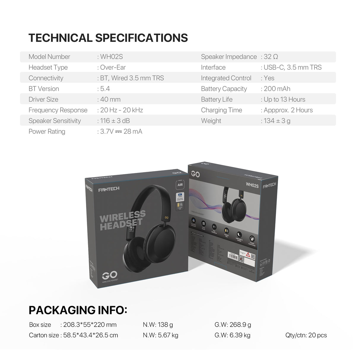 Fantech WH02s Go Air Bluetooth 5.4 Wireless Headphones with ENC Mic in Lebanon - OutGeeked