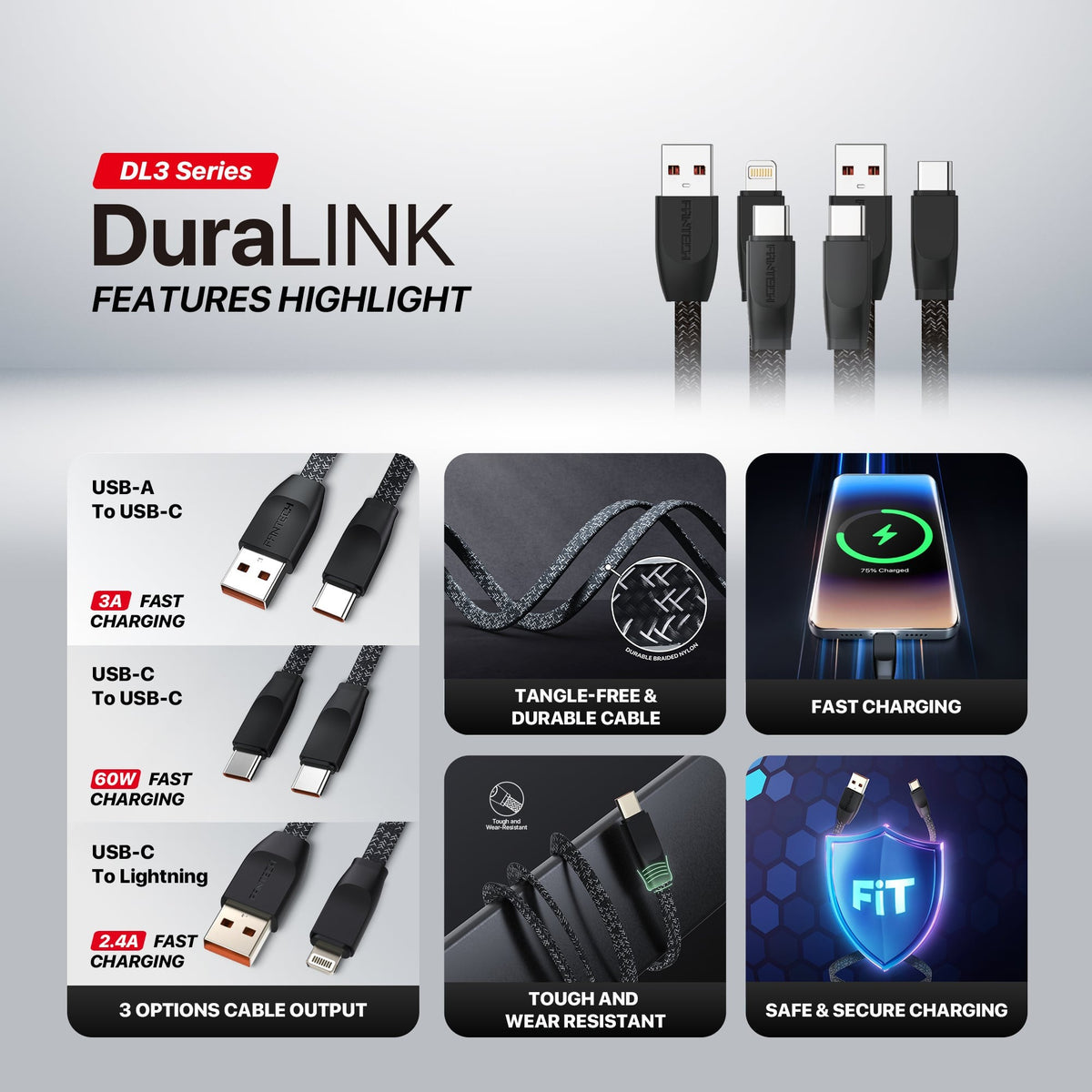 Fantech DuraLink DL3CC Braided USB-C to USB-C Cable, 1M, 60W Fast Charging in Lebanon - OutGeeked