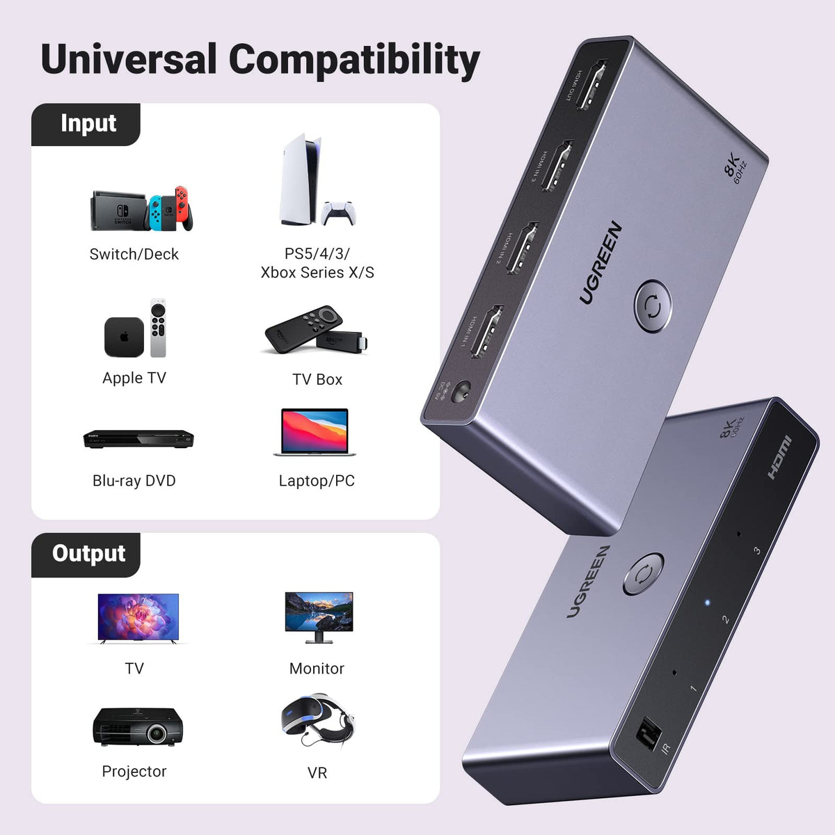 UGREEN 8K@60Hz HDMI 2.1 Switch 3 In 1 Out with Remote Control (15604) in Lebanon - OutGeeked