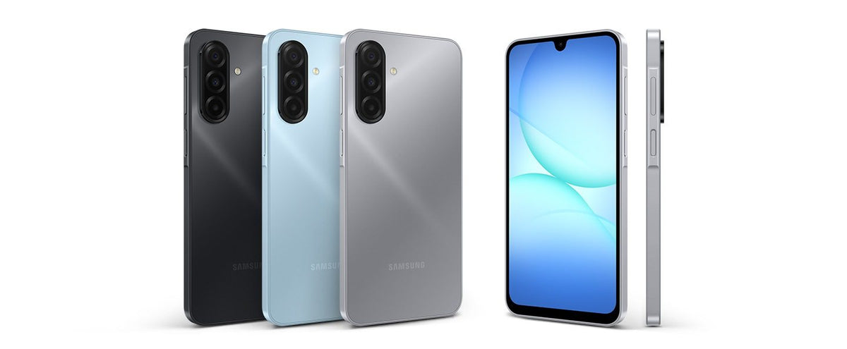 Samsung Galaxy A17 in Black, Light Blue and Gray, front and back