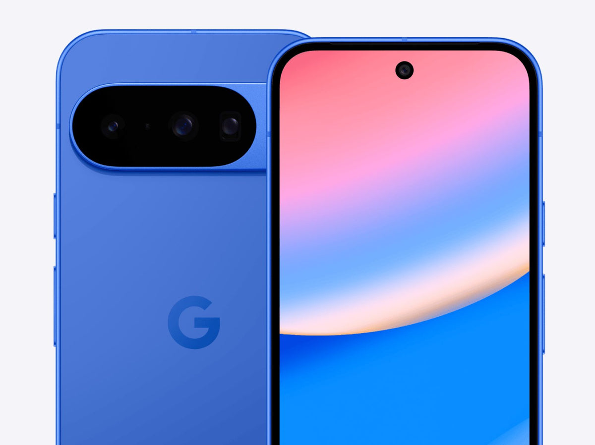 Google Pixel 10 in Indigo, back and front