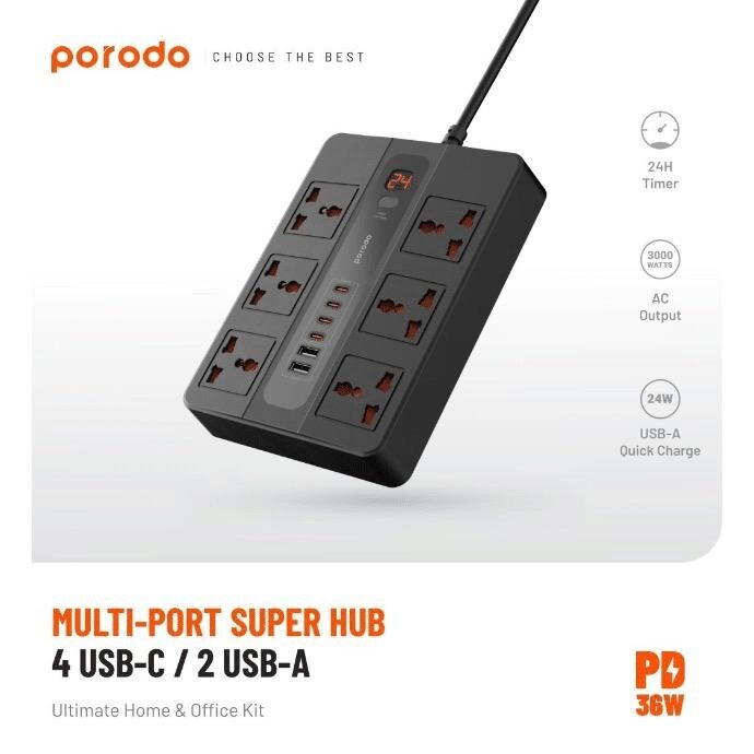 Porodo 6 AC 2 USB-A 24W & 4 USB-C PD 36W Multi-Port Super Hub (3M)