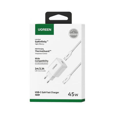 UGREEN 45W USB-C GaN Fast Wall Charger with 1M USB-C to USB-C Cable - White