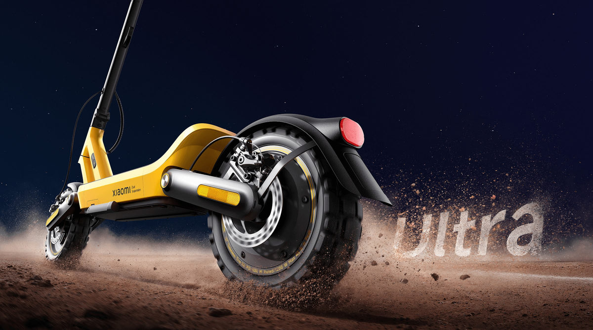 Xiaomi Electric Scooter 6 Ultra in Lightning Yellow on a dirt track