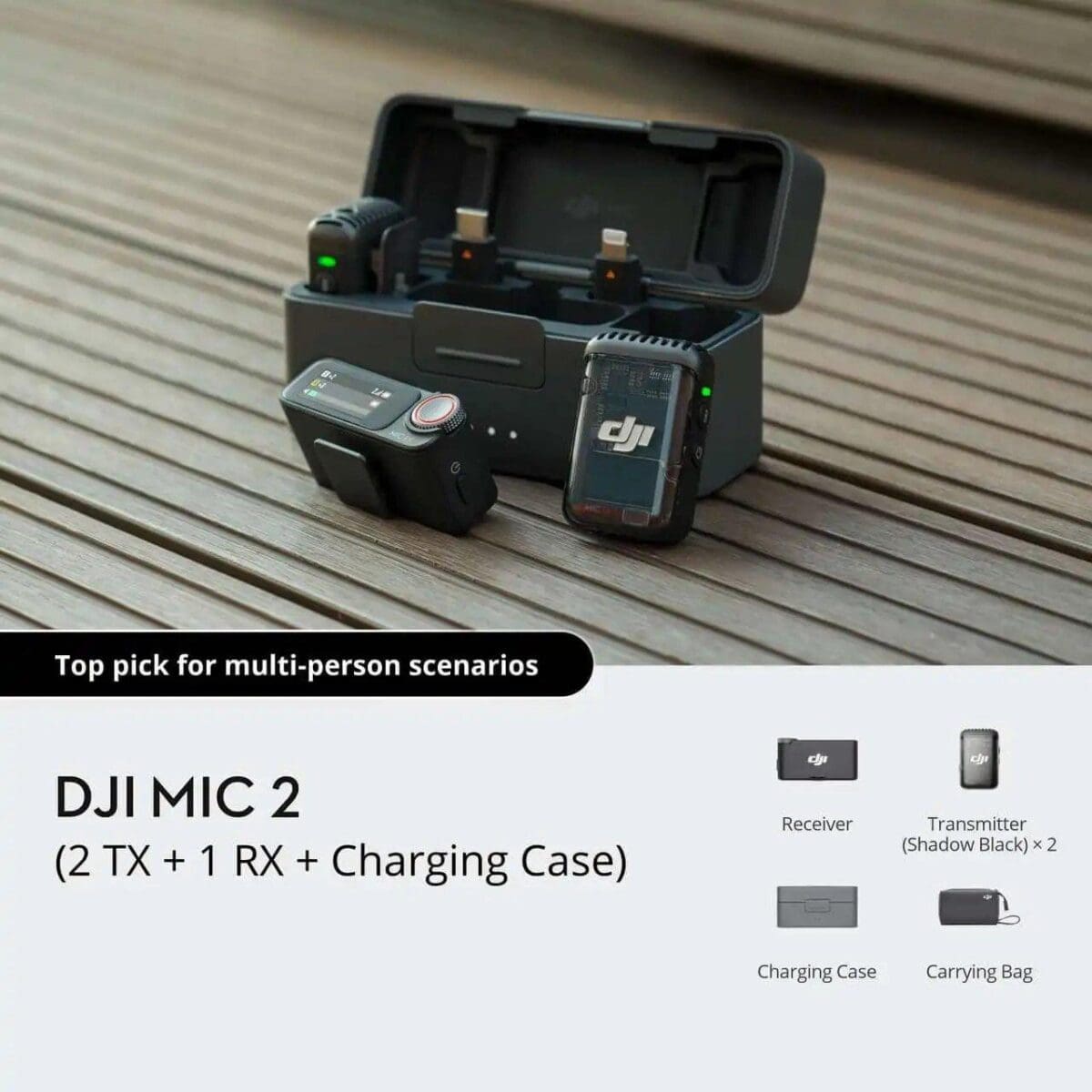 DJI MIC 2 (2 TX + 1 RX + Charging Case | Pocket Sized Pro Dual Wireless Microphone)