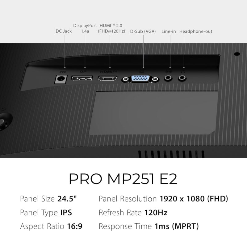 MSI PRO MP251 E2 (25-inch FullHD Monitor, EyesErgo, 120Hz, Eye-Q Check, Built-in Speakers)