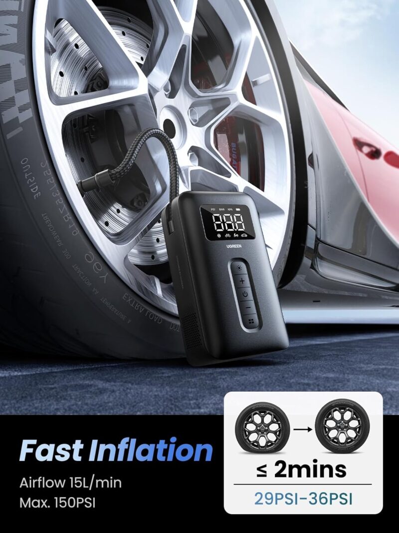 UGREEN Portable Cordless Electric Air Pump and Tyre Inflator (150PSI Air Pump with Battery LED Light, Cordless)