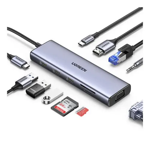 UGREEN 9-in-1 USB-C To 100W PD + 3xUSB3.0 + USB-C + 4K 30Hz HDMI + VGA + Ethernet + SD + TF (15600) | USB-C Hub