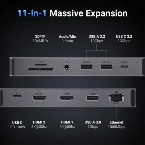 UGREEN 11-in-1 USB-C To 100W PD + 1xUSB3.0 + 2xUSB3.2 + 1xUSB-C3.2 + 1x8K 30Hz HDMI + 1x4K 60Hz HDMI + AUX + Ethernet + SD + TF (15965) | USB-C Hub