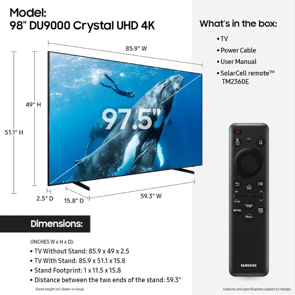 Samsung DU9000 (2024) | 98-inch 4K Crystal UHD Smart TV with TizenOS