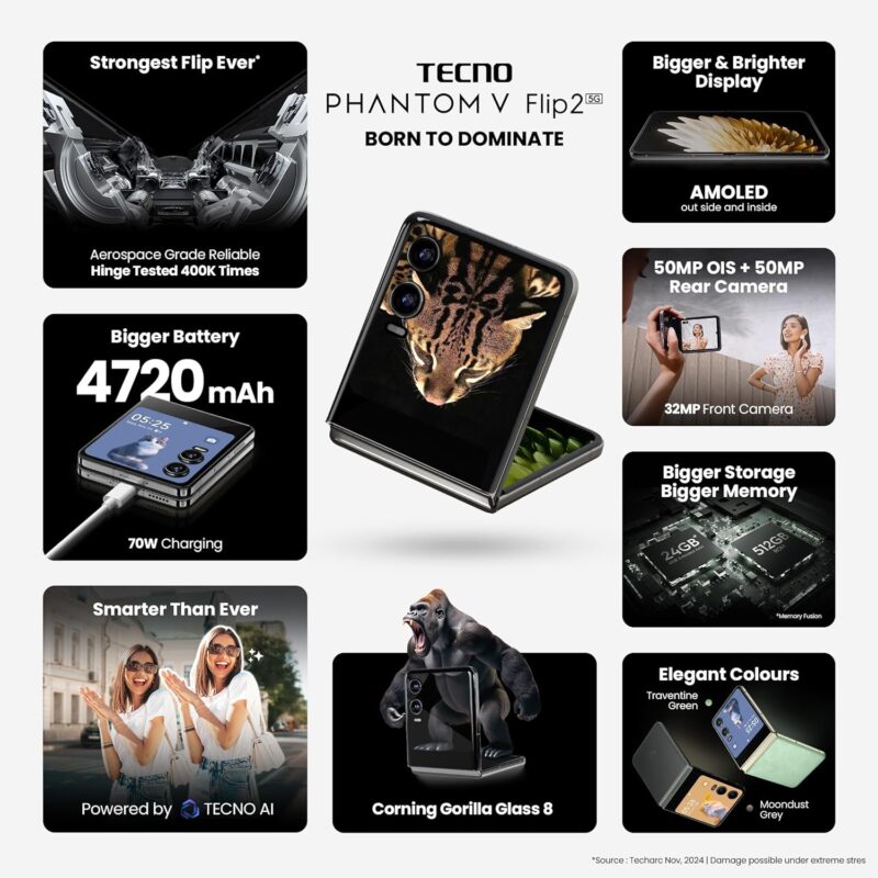 Tecno Phanton V Flip 2 8GB/256GB (Flip Phone with Advanced AI Features, 50MP OIS Camera, 6.9″ 120Hz Screen) | Free Bag