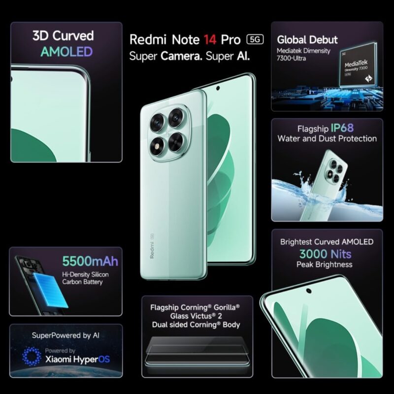 Redmi Note 14 Pro 5G 12GB/512GB (6.67-inch Display, 120Hz, Dolby Vision, 200MP Pro AI Camera, Global Version with 1 Year Warranty)