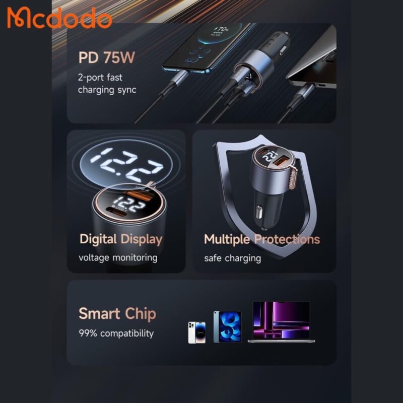Mcdodo 75W 2-Port Digital Display Car Charger