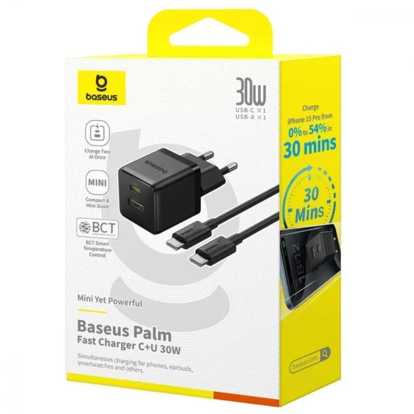 Baseus Palm 30W Fast Charger with Cable (Supports PD3.0, QC3.0, Smart Temperature Control with Cable Included)