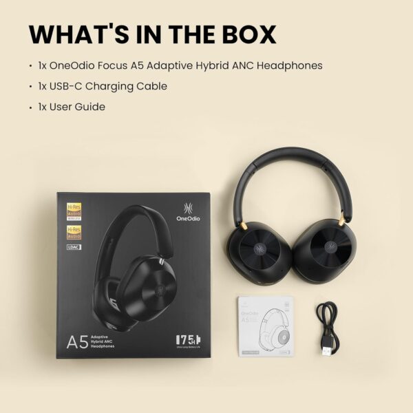 OneOdio Focus A5 (Wireless Over-Ear Headphones, Hybrid Active Noise Cancelling, 75H Playtime, Hi-Res LDAC Wireless Audio, Bluetooth 5.4, Built-in Mic, Low Latency)