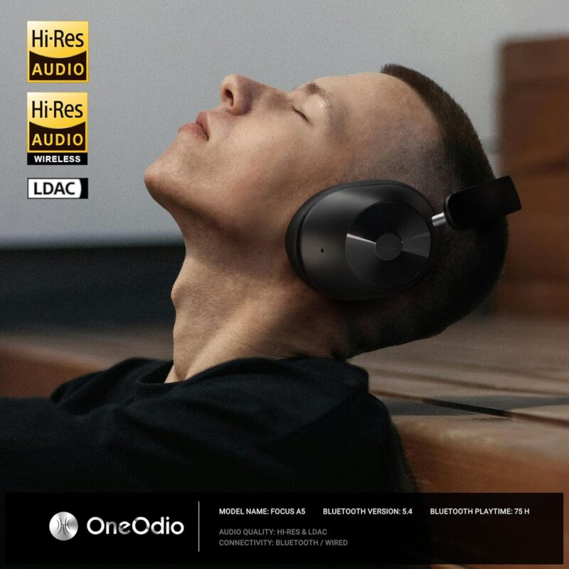 OneOdio Focus A5 (Wireless Over-Ear Headphones, Hybrid Active Noise Cancelling, 75H Playtime, Hi-Res LDAC Wireless Audio, Bluetooth 5.4, Built-in Mic, Low Latency)