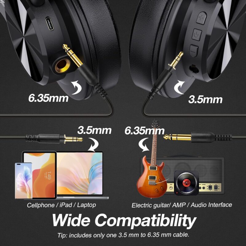OneOdio Fusion A70 (Bluetooth Over Ear Headphones, Hi-Res, Built-in Mic, 3.5mm/6.35mm Wired Audio Jack for Studio Monitor & Mixing)