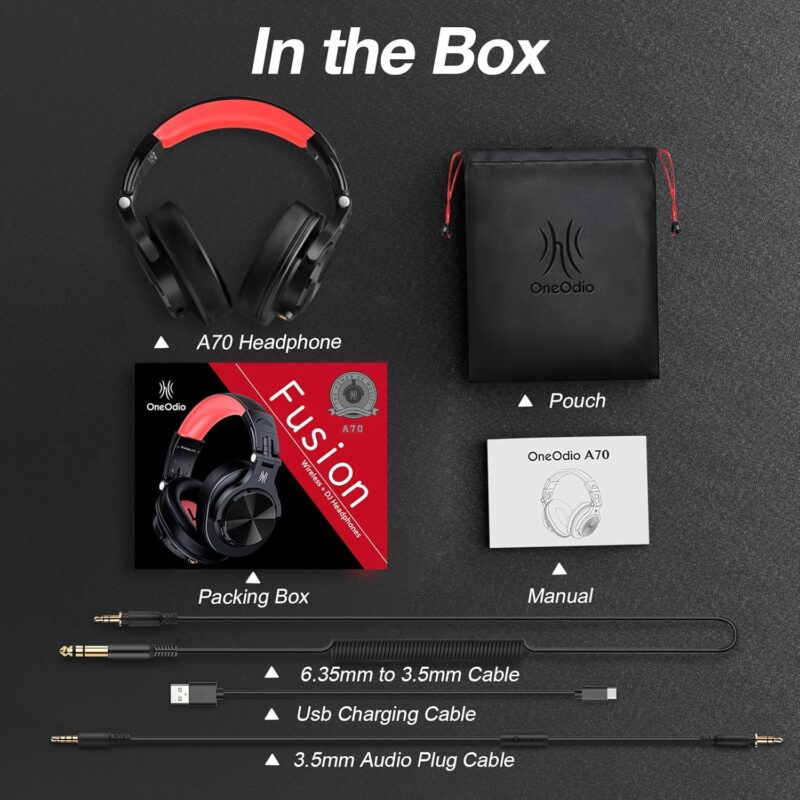 OneOdio Fusion A70 (Bluetooth Over Ear Headphones, Hi-Res, Built-in Mic, 3.5mm/6.35mm Wired Audio Jack for Studio Monitor & Mixing)