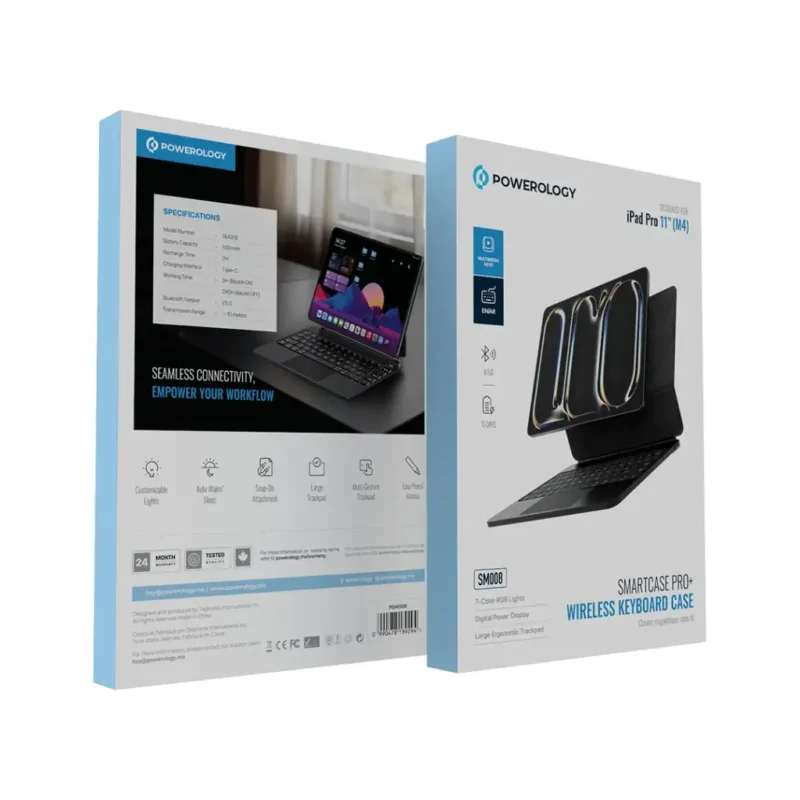 Powerology Smartcase Pro+ Wireless Keyboard Case for iPad Pro 11” M4 (Built-in 500mAh Battery, Type-C Fast Charging, Backlit Keyboard)