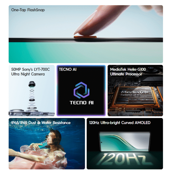 Tecno Camon 40 Pro 5G 12GB/256GB (Mediatek Helio G100 Ultimate, 120Hz Curved AMOLED, IP68/IP69, Tecno AI)