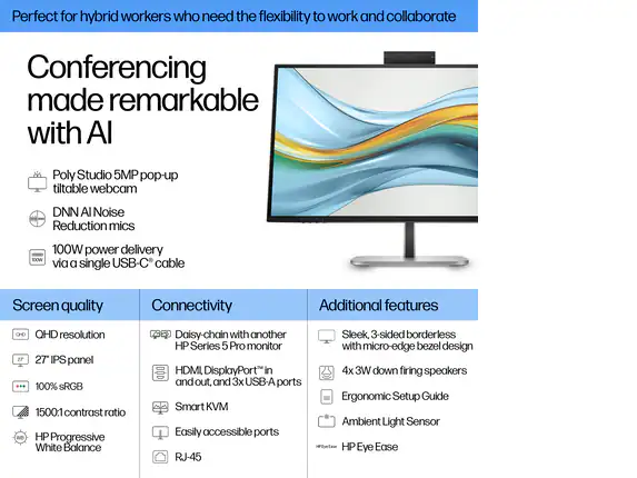 HP Series 5 Pro (27-inch QHD USB-C Video Conferencing Monitor, Integrated Camera, 1ms, 100Hz)