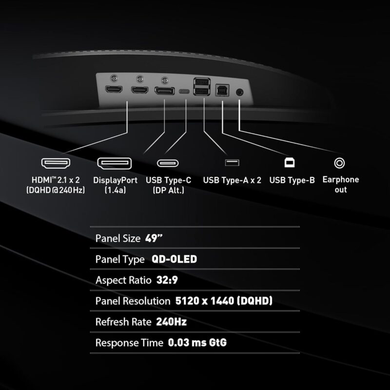 MSI MPG 491CQPX (49-inch QD-OLED DQHD Gaming Monitor, 240Hz, 0.03ms, OLED Care 2.0, 1800R)