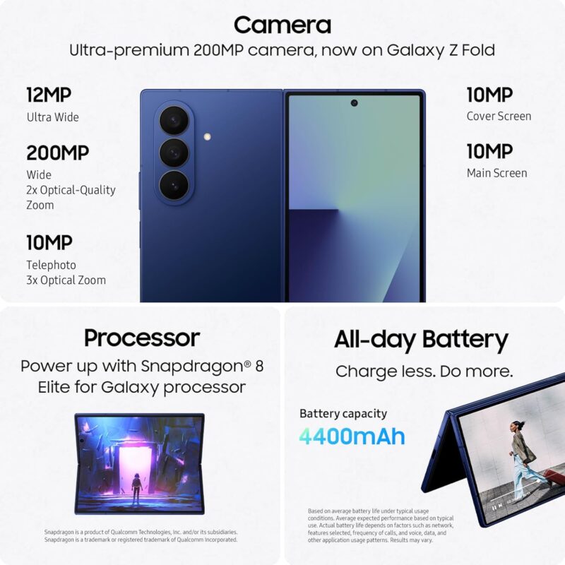 Samsung Galaxy Z Fold7 (Thinnest and Lightest Foldable by Samsung, Snapdragon 8 Elite, All-Day Battery) [Pre-Order]