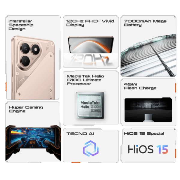 Tecno Pova 7 8GB/256GB (Mediatek Helio G100, 45W Flash Charge, 120Hz Refresh Rate, 7000mAh Battery)